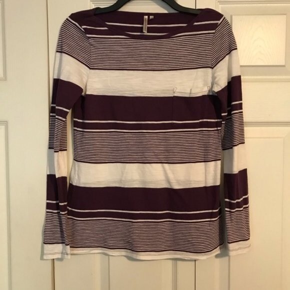 BANANA REPUBLIC Small Purple White Stripe T-Shirt Pullover Crewneck Pocket - Picture 1 of 6